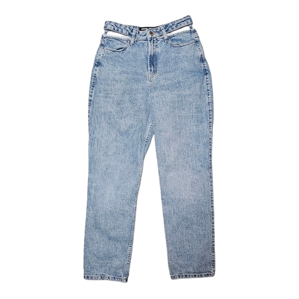 Social Tourist Jeans Cutout Belt Ultra High Rise Light Wash Straight Leg sz 29